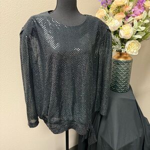 R&K Evenings Black Sequin Metallic Blouse 20W Long Sleeve Party Holiday Top